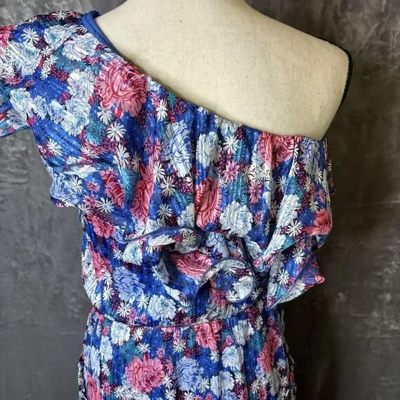 Perfectly Priscilla Dress Small One Shoulder Blue Floral Boho Tiered Preppy‎ NEW - Picture 7 of 16